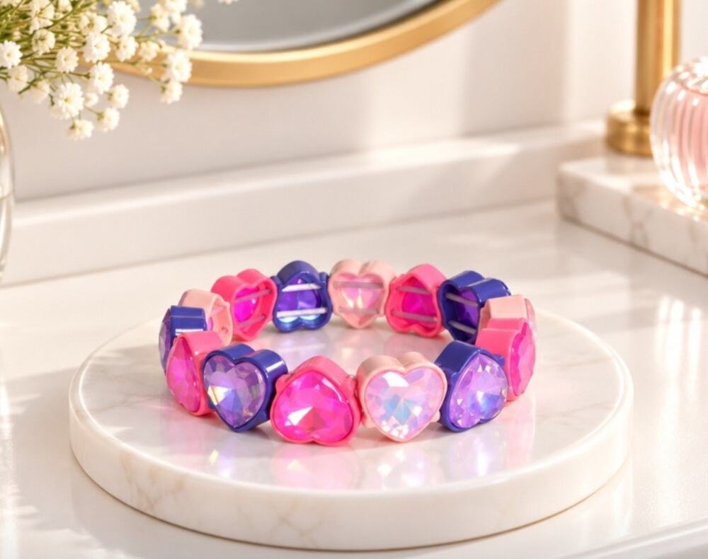 Heart Alloy Two Tone Pink Purple AB Pink Purple Stone Stretch Bracelet
